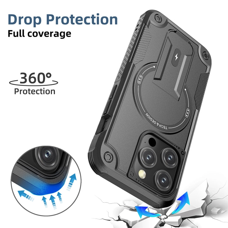 For iPhone 14 Pro Max MagSafe Holder Armor PC Hybrid TPU Phone Case(Black)