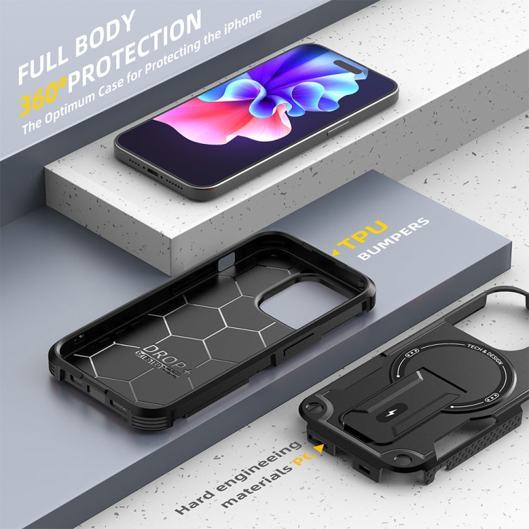 For iPhone 14 Pro Max MagSafe Holder Armor PC Hybrid TPU Phone Case(Black)