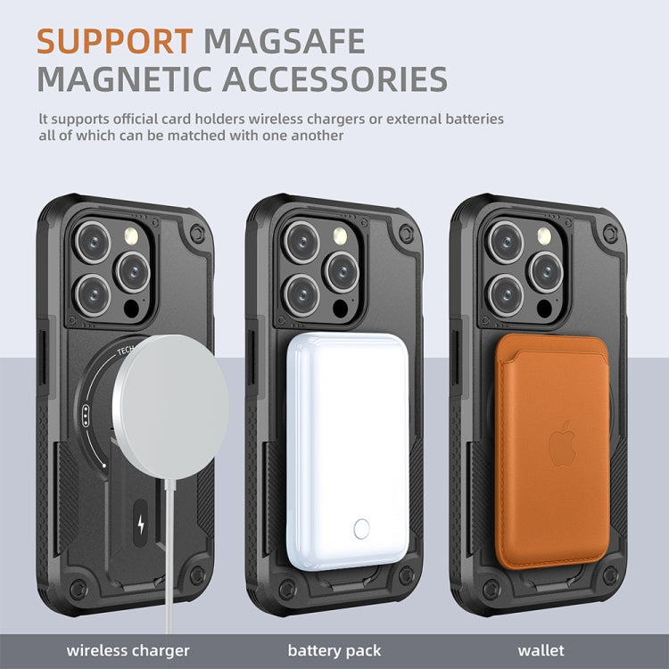 For iPhone 14 Pro Max MagSafe Holder Armor PC Hybrid TPU Phone Case(Black)