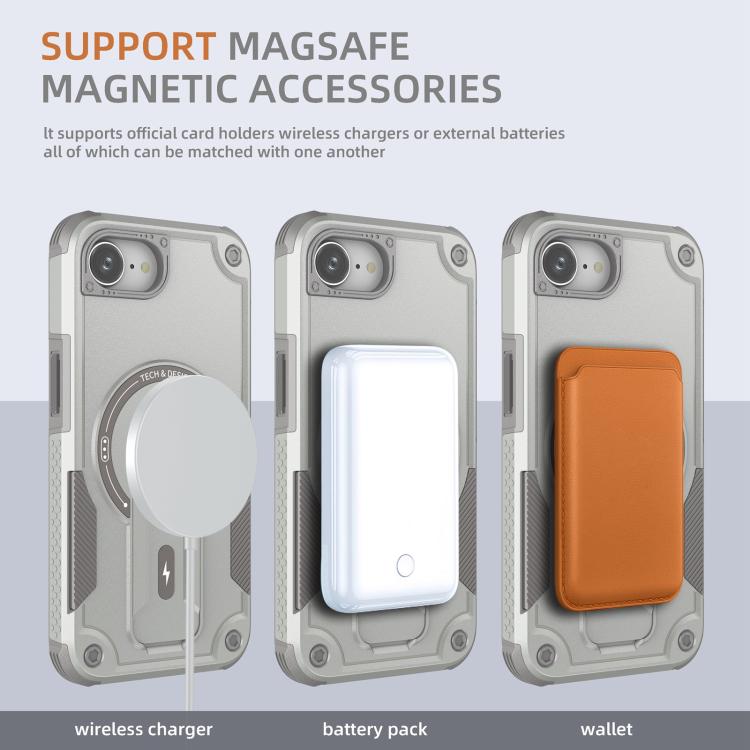 For iPhone 16e Armor Magsafe Holder PC Hybrid TPU Phone Case(Grey) - iPhone 16e Cases by PMC TechLife | Online Shopping South Africa | PMC TechLife | Buy Now Pay Later Mobicred