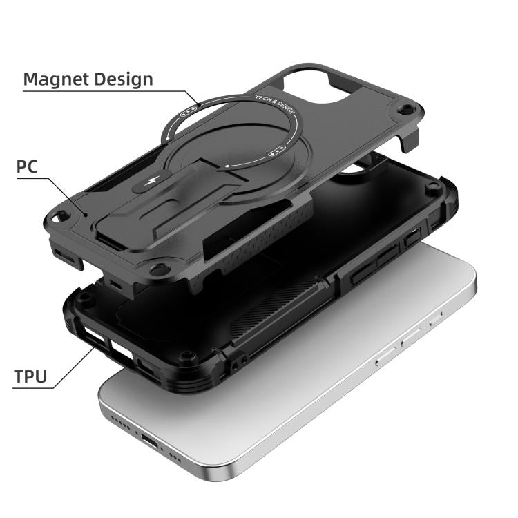 For iPhone 16e Armor Magsafe Holder PC Hybrid TPU Phone Case(Black) - iPhone 16e Cases by PMC TechLife | Online Shopping South Africa | PMC TechLife | Buy Now Pay Later Mobicred