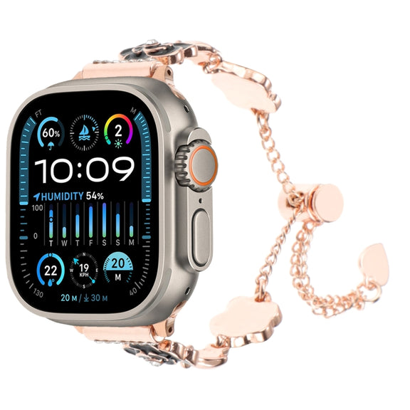 For Apple Watch Ultra 2 49mm Camellia Metal Chain Bracelet Watch Band(Black Rose Gold)