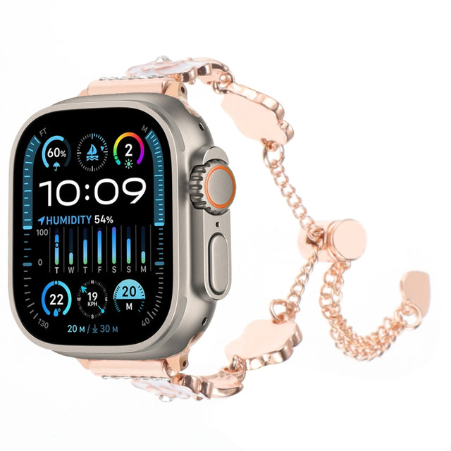 For Apple Watch Ultra 2 49mm Camellia Metal Chain Bracelet Watch Band(White Rose Gold)