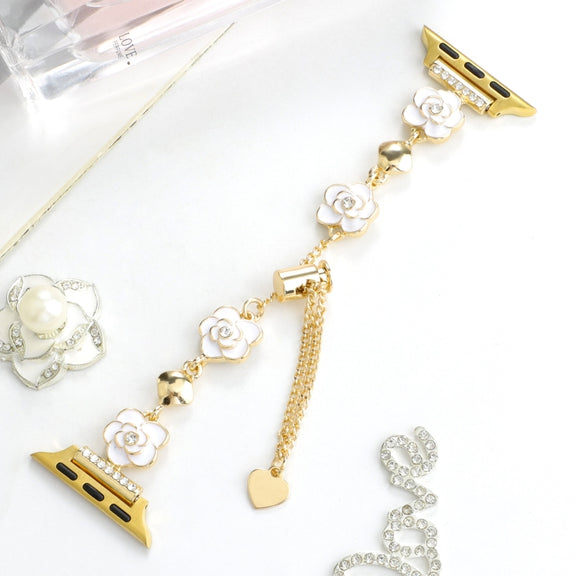 For Apple Watch Series 9 41mm Camellia Metal Chain Bracelet Watch Band(White Gold)