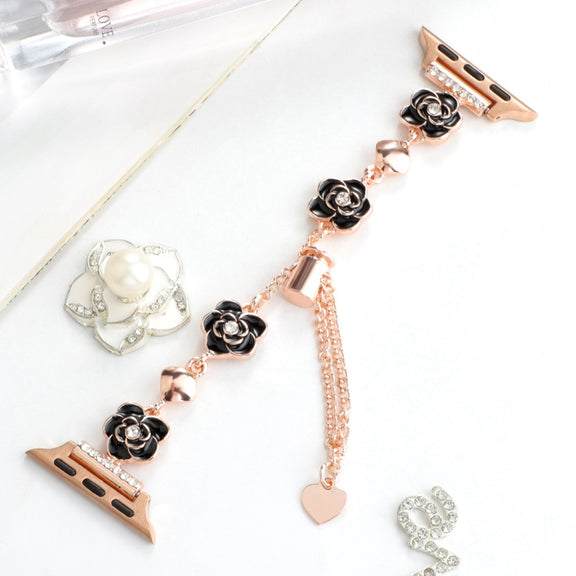 For Apple Watch Series 5 44mm Camellia Metal Chain Bracelet Watch Band(Black Rose Gold)