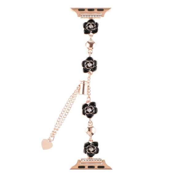 For Apple Watch 42mm Camellia Metal Chain Bracelet Watch Band(Black Rose Gold)