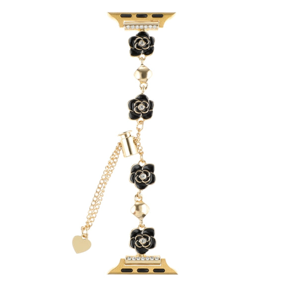 For Apple Watch 38mm Camellia Metal Chain Bracelet Watch Band(Black Gold)