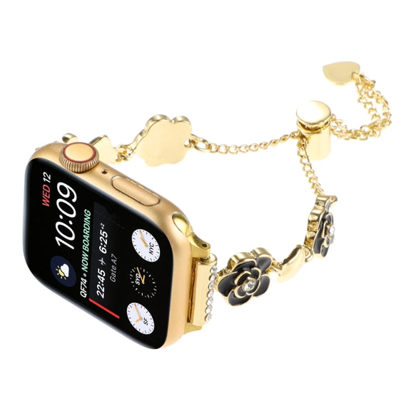 For Apple Watch 38mm Camellia Metal Chain Bracelet Watch Band(Black Gold)