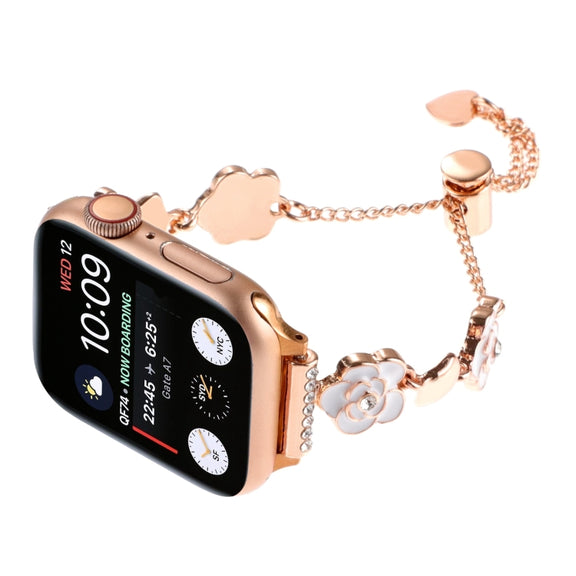 For Apple Watch 38mm Camellia Metal Chain Bracelet Watch Band(White Rose Gold)