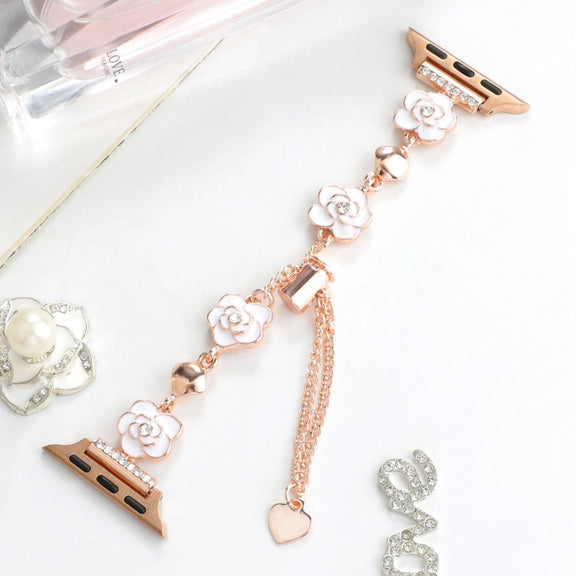 For Apple Watch 38mm Camellia Metal Chain Bracelet Watch Band(White Rose Gold)