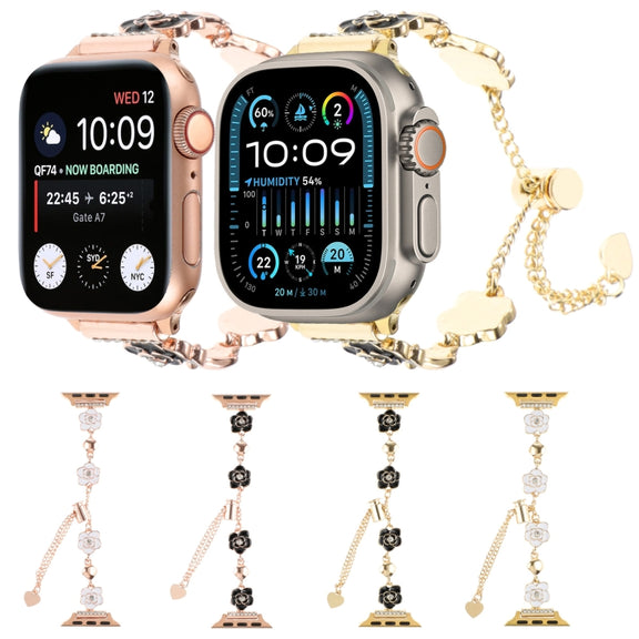 For Apple Watch 38mm Camellia Metal Chain Bracelet Watch Band(Black Gold)