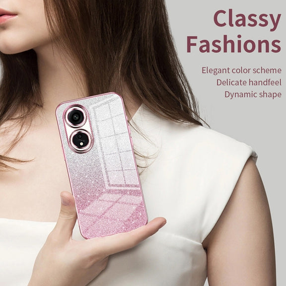 For OPPO Reno10 Pro+ Gradient Glitter Powder Electroplated Phone Case(Pink)
