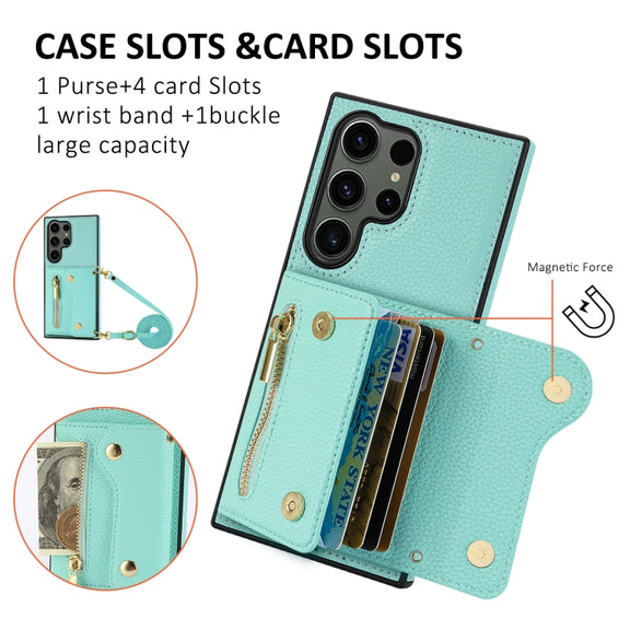 For Samsung Galaxy S24 Ultra DF-09 Crossbody Litchi texture Card Bag Design PU Phone Case(Cyan)