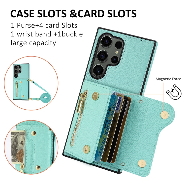 For Samsung Galaxy S24 Ultra DF-09 Crossbody Litchi texture Card Bag Design PU Phone Case(Cyan)