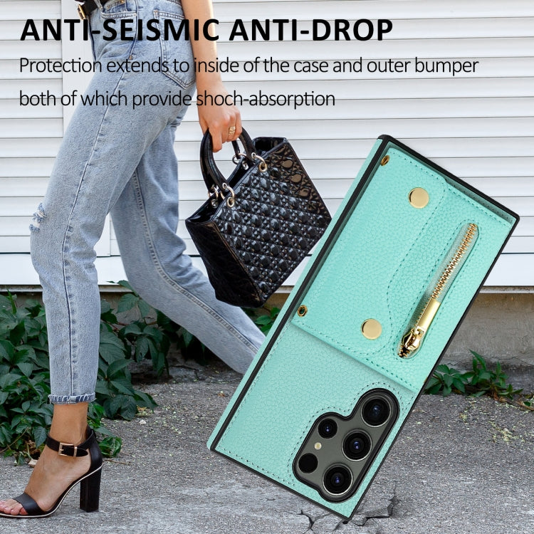 For Samsung Galaxy S24 Ultra DF-09 Crossbody Litchi texture Card Bag Design PU Phone Case(Cyan)