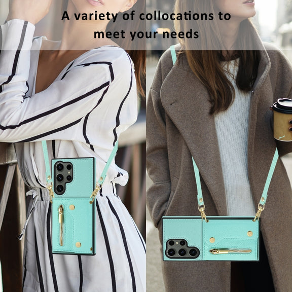 For Samsung Galaxy S24 Ultra DF-09 Crossbody Litchi texture Card Bag Design PU Phone Case(Cyan)