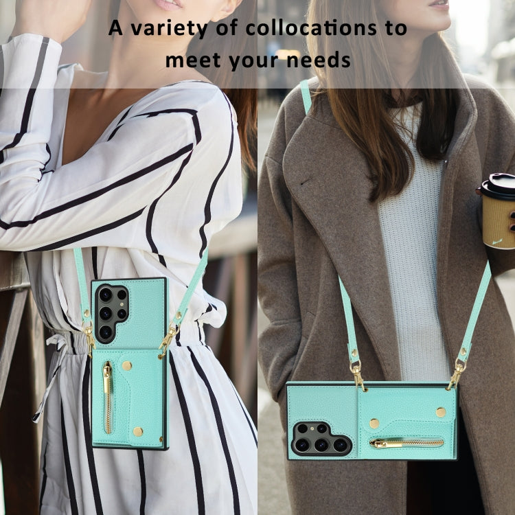For Samsung Galaxy S24 Ultra DF-09 Crossbody Litchi texture Card Bag Design PU Phone Case(Cyan)