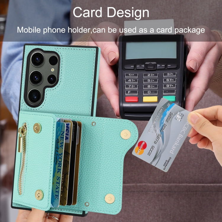 For Samsung Galaxy S24 Ultra DF-09 Crossbody Litchi texture Card Bag Design PU Phone Case(Cyan)