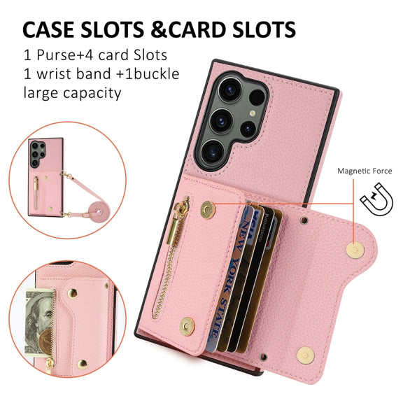 For Samsung Galaxy S24 Ultra DF-09 Crossbody Litchi texture Card Bag Design PU Phone Case(Pink)
