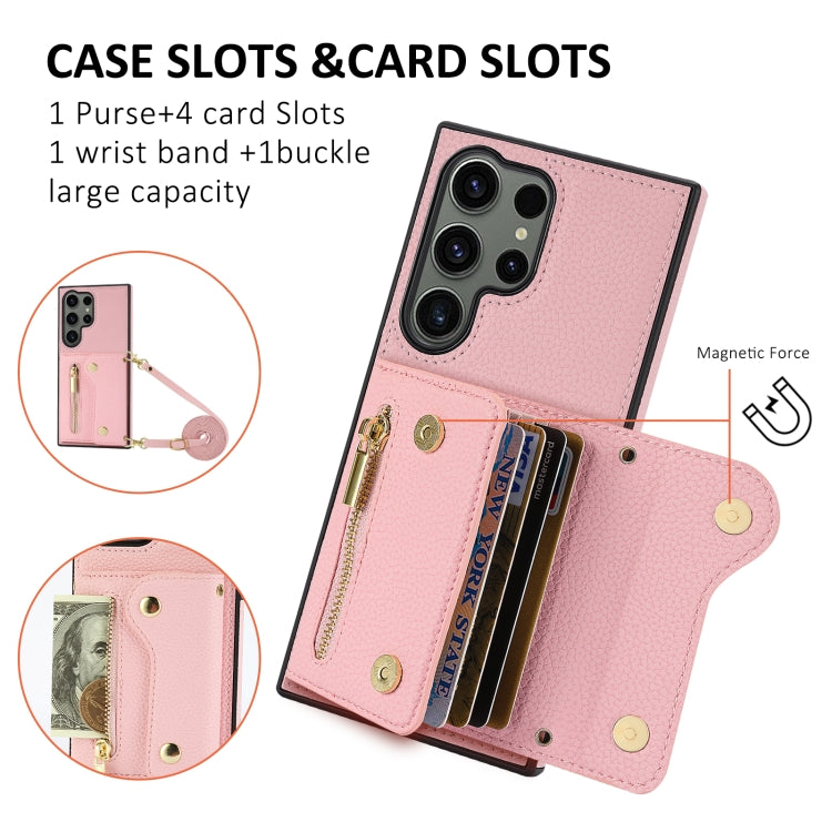 For Samsung Galaxy S24 Ultra DF-09 Crossbody Litchi texture Card Bag Design PU Phone Case(Pink)