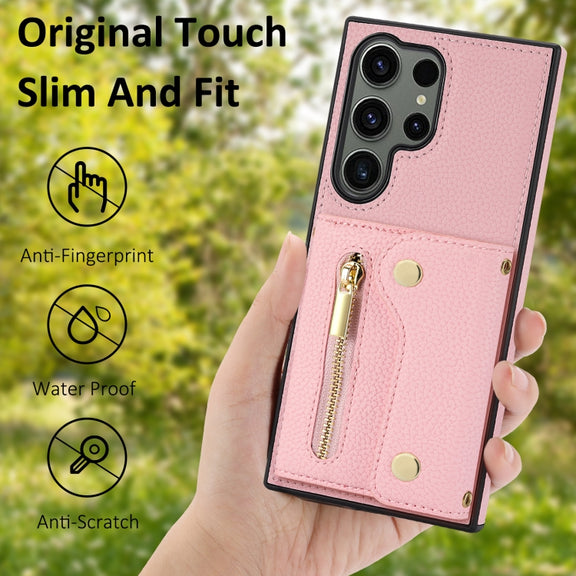 For Samsung Galaxy S24 Ultra DF-09 Crossbody Litchi texture Card Bag Design PU Phone Case(Pink)