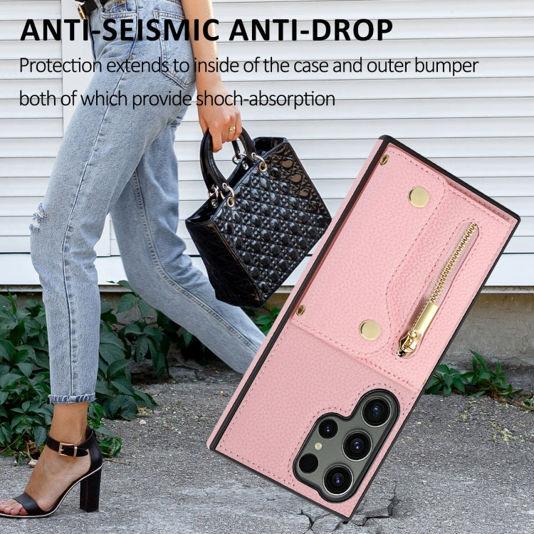 For Samsung Galaxy S24 Ultra DF-09 Crossbody Litchi texture Card Bag Design PU Phone Case(Pink)