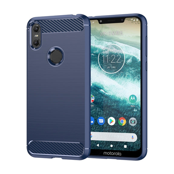 For Motorola Moto One Carbon Fiber Brushed Texture TPU Phone Case(Blue)