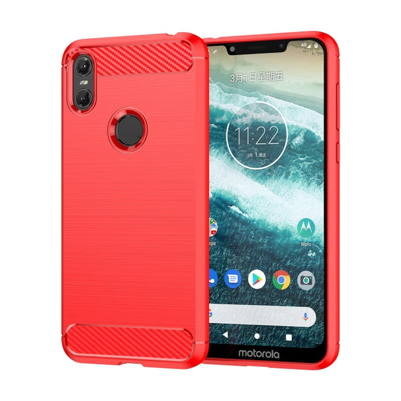 For Motorola Moto One Carbon Fiber Brushed Texture TPU Phone Case(Red)