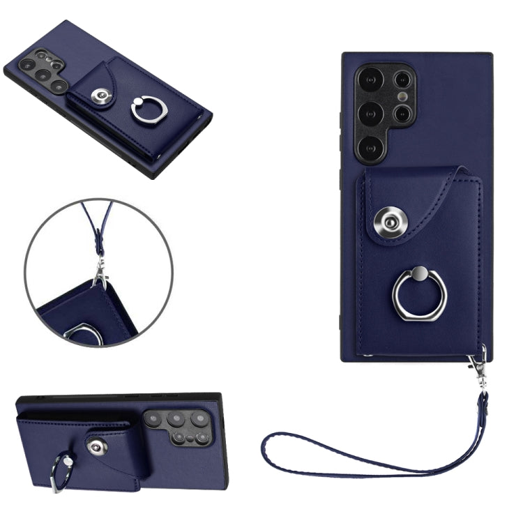 For Samsung Galaxy S24 Ultra 5G Organ Card Bag Ring Holder PU Phone Case with Lanyard(Blue) - Galaxy S24 Ultra 5G Cases by PMC TechLife | Online Shopping South Africa | PMC TechLife
