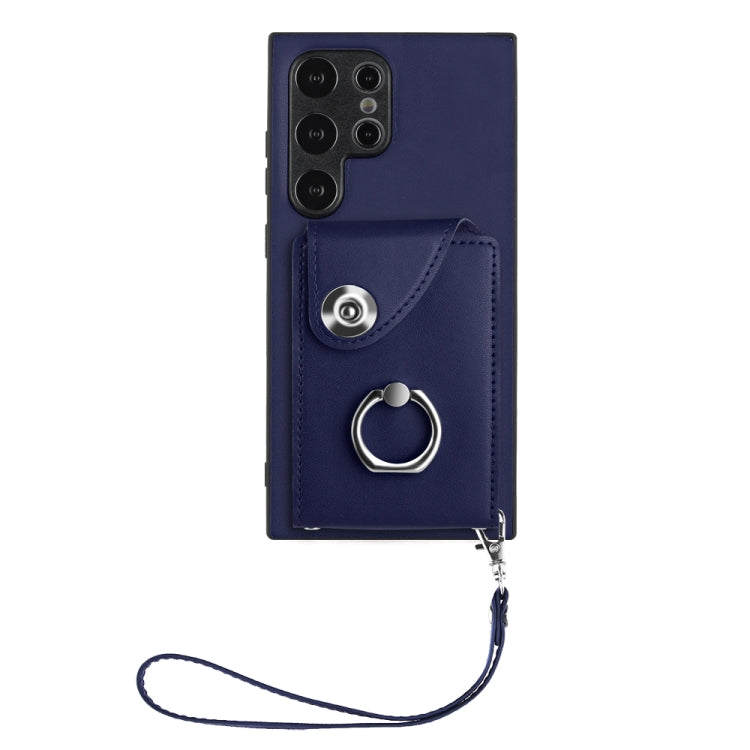 For Samsung Galaxy S24 Ultra 5G Organ Card Bag Ring Holder PU Phone Case with Lanyard(Blue) - Galaxy S24 Ultra 5G Cases by PMC TechLife | Online Shopping South Africa | PMC TechLife
