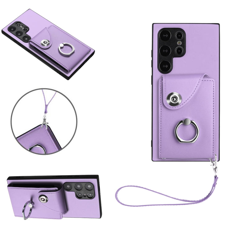 For Samsung Galaxy S24 Ultra 5G Organ Card Bag Ring Holder PU Phone Case with Lanyard(Purple) - Galaxy S24 Ultra 5G Cases by PMC TechLife | Online Shopping South Africa | PMC TechLife