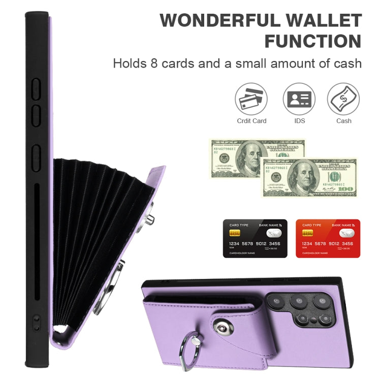For Samsung Galaxy S24 Ultra 5G Organ Card Bag Ring Holder PU Phone Case with Lanyard(Purple) - Galaxy S24 Ultra 5G Cases by PMC TechLife | Online Shopping South Africa | PMC TechLife