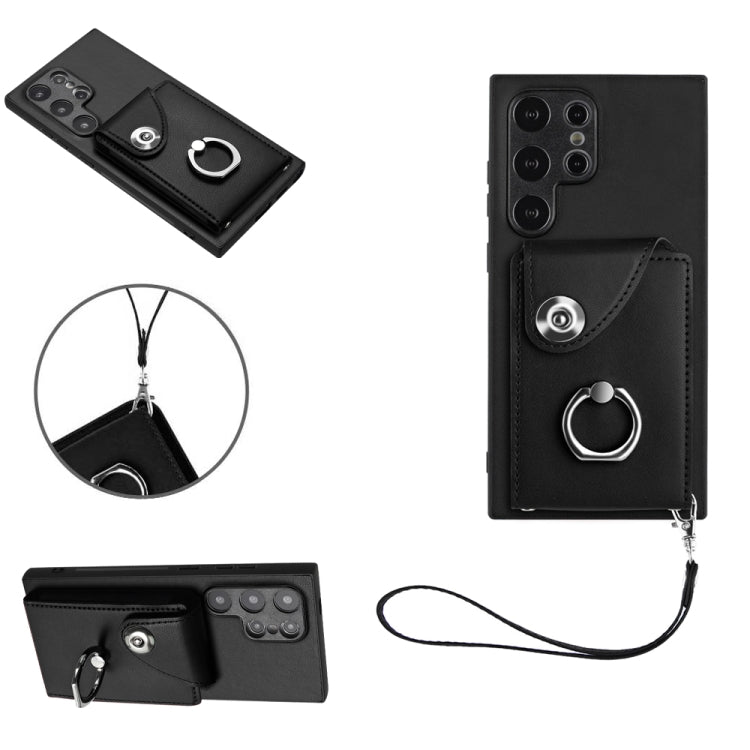For Samsung Galaxy S24 Ultra 5G Organ Card Bag Ring Holder PU Phone Case with Lanyard(Black) - Galaxy S24 Ultra 5G Cases by PMC TechLife | Online Shopping South Africa | PMC TechLife