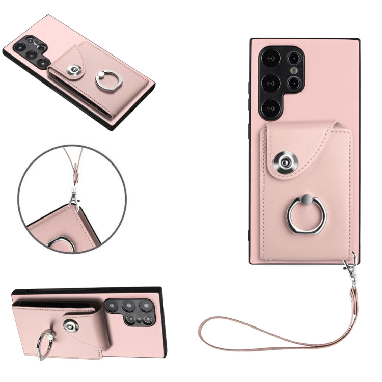 For Samsung Galaxy S24 Ultra 5G Organ Card Bag Ring Holder PU Phone Case with Lanyard(Pink) - Galaxy S24 Ultra 5G Cases by PMC TechLife | Online Shopping South Africa | PMC TechLife