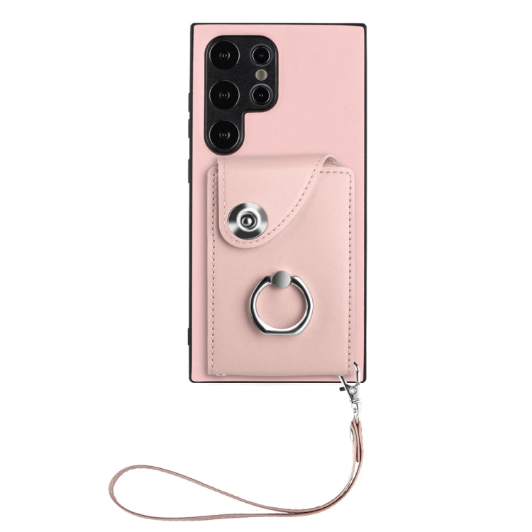 For Samsung Galaxy S24 Ultra 5G Organ Card Bag Ring Holder PU Phone Case with Lanyard(Pink) - Galaxy S24 Ultra 5G Cases by PMC TechLife | Online Shopping South Africa | PMC TechLife