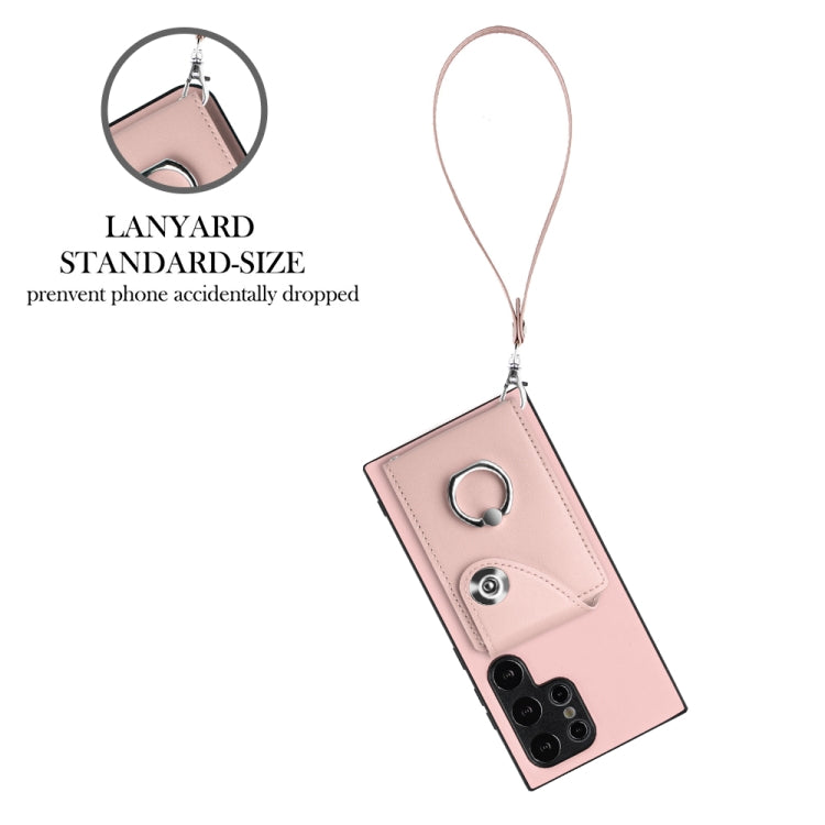 For Samsung Galaxy S24 Ultra 5G Organ Card Bag Ring Holder PU Phone Case with Lanyard(Pink) - Galaxy S24 Ultra 5G Cases by PMC TechLife | Online Shopping South Africa | PMC TechLife