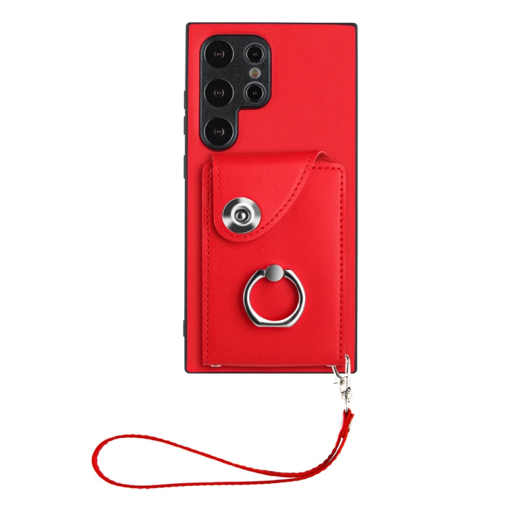 For Samsung Galaxy S24 Ultra 5G Organ Card Bag Ring Holder PU Phone Case with Lanyard(Red) - Galaxy S24 Ultra 5G Cases by PMC TechLife | Online Shopping South Africa | PMC TechLife