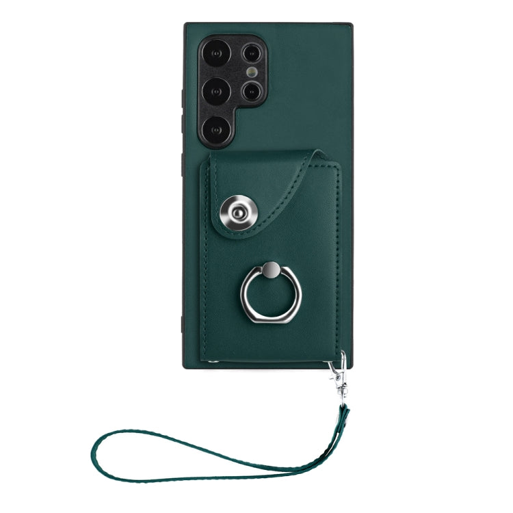 For Samsung Galaxy S24 Ultra 5G Organ Card Bag Ring Holder PU Phone Case with Lanyard(Green) - Galaxy S24 Ultra 5G Cases by PMC TechLife | Online Shopping South Africa | PMC TechLife