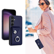 For Samsung Galaxy S24+ 5G Organ Card Bag Ring Holder PU Phone Case with Lanyard(Blue)