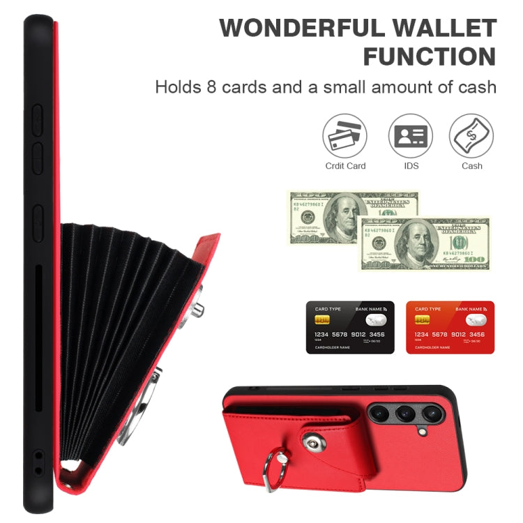 For Samsung Galaxy S24+ 5G Organ Card Bag Ring Holder PU Phone Case with Lanyard(Red) - Galaxy S24+ 5G Cases by PMC TechLife | Online Shopping South Africa | PMC TechLife