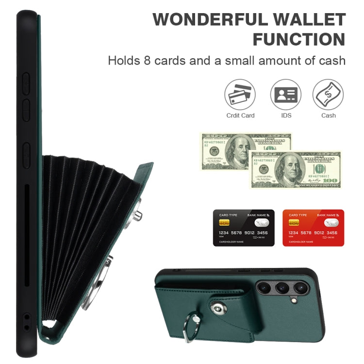 For Samsung Galaxy S24+ 5G Organ Card Bag Ring Holder PU Phone Case with Lanyard(Green) - Galaxy S24+ 5G Cases by PMC TechLife | Online Shopping South Africa | PMC TechLife