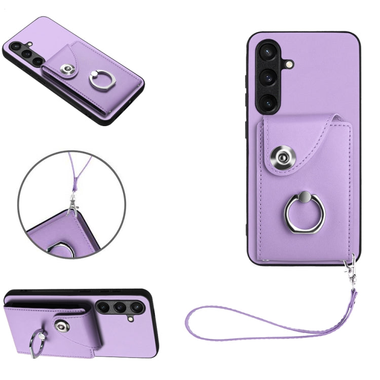 For Samsung Galaxy S24 5G Organ Card Bag Ring Holder PU Phone Case with Lanyard(Purple) - Galaxy S24 5G Cases by PMC TechLife | Online Shopping South Africa | PMC TechLife