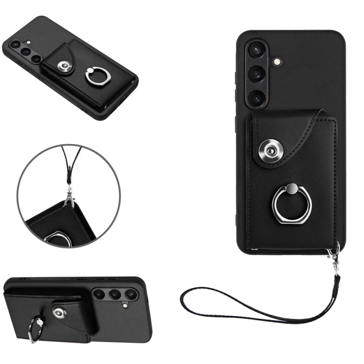 For Samsung Galaxy S24 5G Organ Card Bag Ring Holder PU Phone Case with Lanyard(Black) - Galaxy S24 5G Cases by PMC TechLife | Online Shopping South Africa | PMC TechLife
