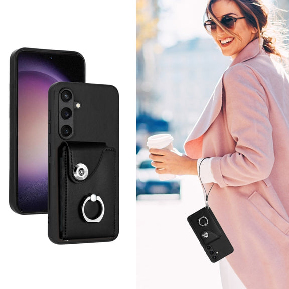 For Samsung Galaxy S24 5G Organ Card Bag Ring Holder PU Phone Case with Lanyard(Black)