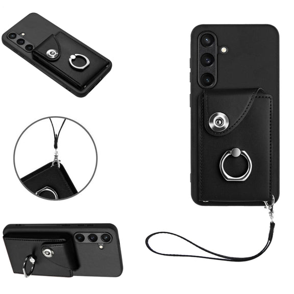 For Samsung Galaxy S24 5G Organ Card Bag Ring Holder PU Phone Case with Lanyard(Black)