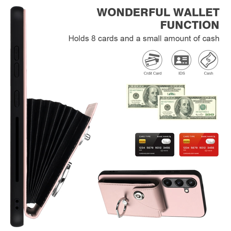 For Samsung Galaxy S24 5G Organ Card Bag Ring Holder PU Phone Case with Lanyard(Pink) - Galaxy S24 5G Cases by PMC TechLife | Online Shopping South Africa | PMC TechLife