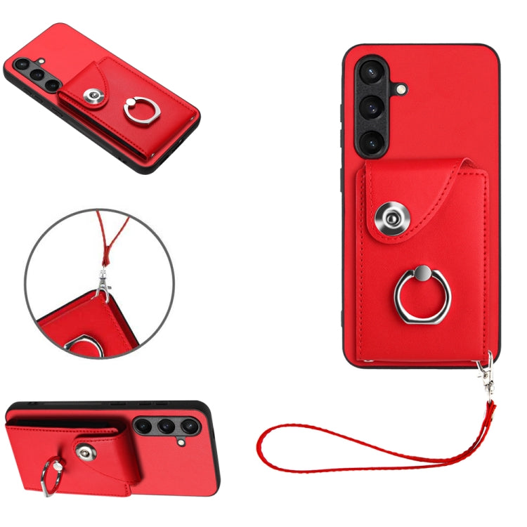 For Samsung Galaxy S24 5G Organ Card Bag Ring Holder PU Phone Case with Lanyard(Red) - Galaxy S24 5G Cases by PMC TechLife | Online Shopping South Africa | PMC TechLife | Buy Now Pay Later Mobicred