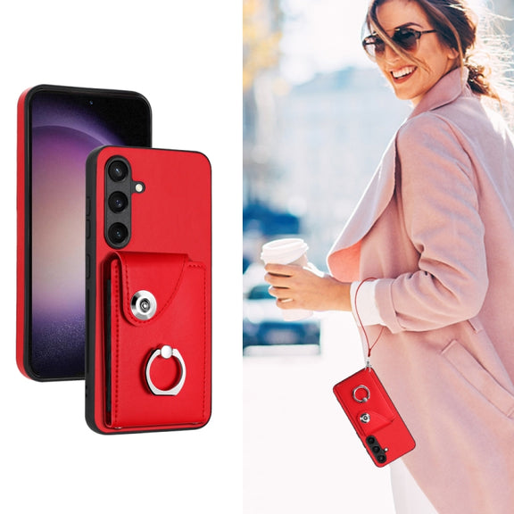 For Samsung Galaxy S24 5G Organ Card Bag Ring Holder PU Phone Case with Lanyard(Red)