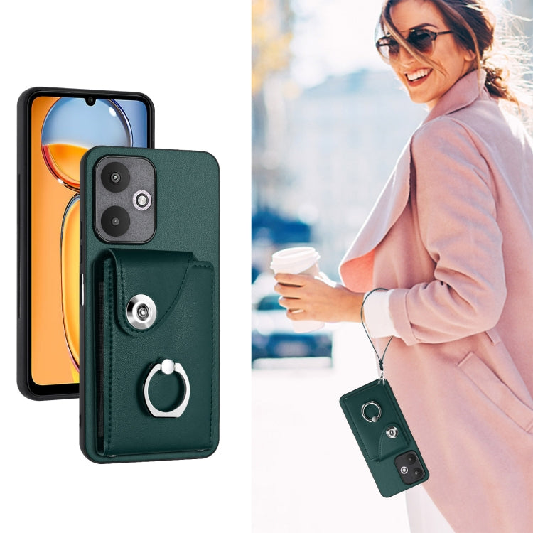 For Xiaomi Redmi 13C 5G / Redmi 13R Organ Card Bag Ring Holder PU Phone Case with Lanyard(Green) - 13C Cases by PMC TechLife | Online Shopping South Africa | PMC TechLife | Buy Now Pay Later Mobicred