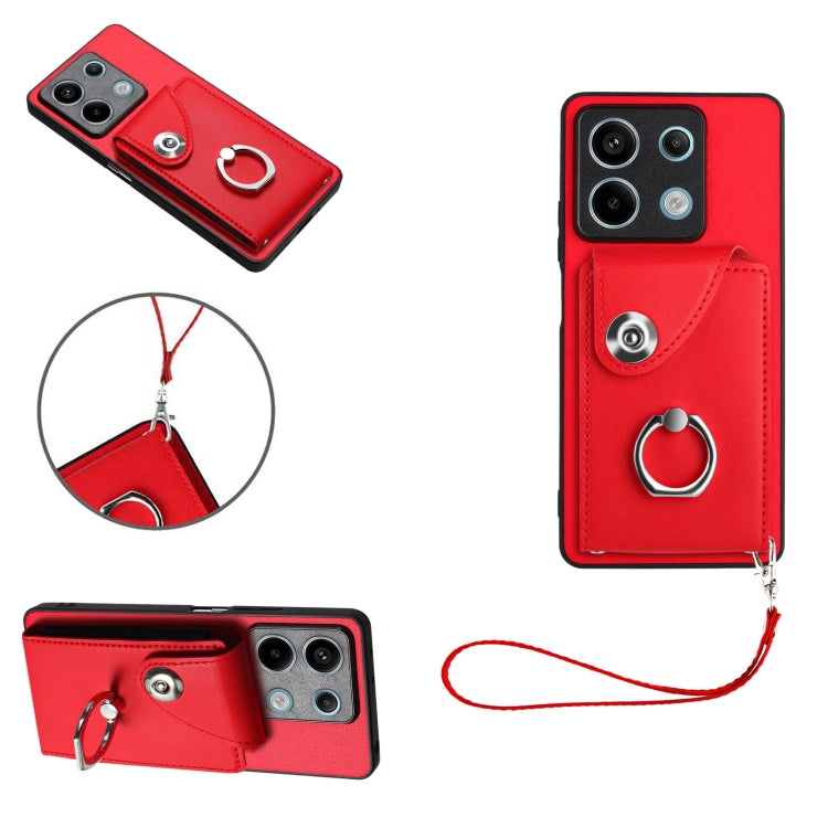 For Xiaomi Redmi Note 13 5G Global Organ Card Bag Ring Holder PU Phone Case with Lanyard(Red) - Note 13 Cases by PMC TechLife | Online Shopping South Africa | PMC TechLife | Buy Now Pay Later Mobicred